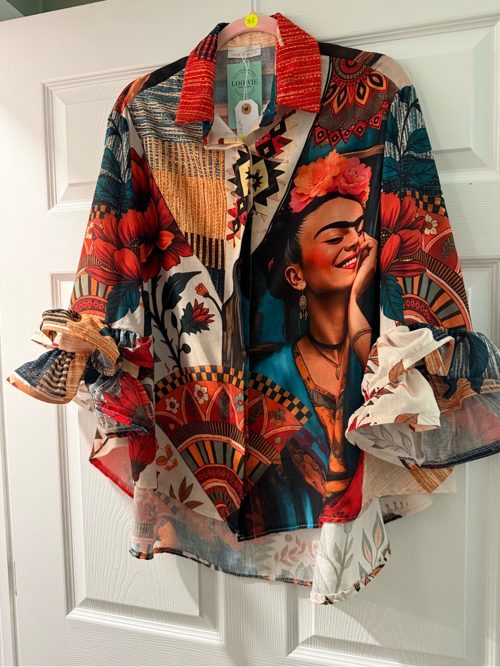 L708 | Loowie Tribal Frida Print Button Dwn Shirt | Ruffle Sleevs | One Size S-L